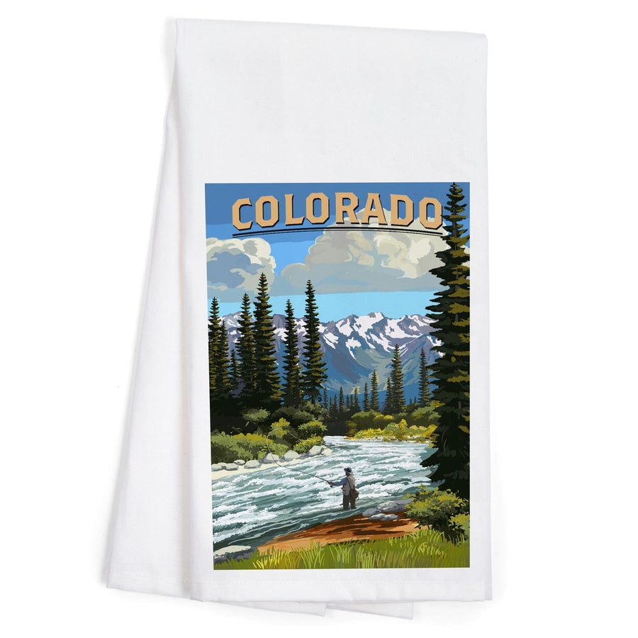 Colorado, Angler and River Rapids, Organic Cotton Kitchen Tea Towels Kitchen Lantern Press 