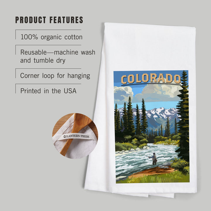 Colorado, Angler and River Rapids, Organic Cotton Kitchen Tea Towels Kitchen Lantern Press 