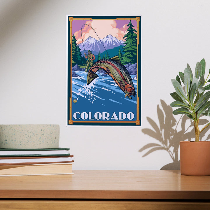 Colorado, Angler Fly Fishing Scene (Leaping Trout), Art & Giclee Prints Art Lantern Press 