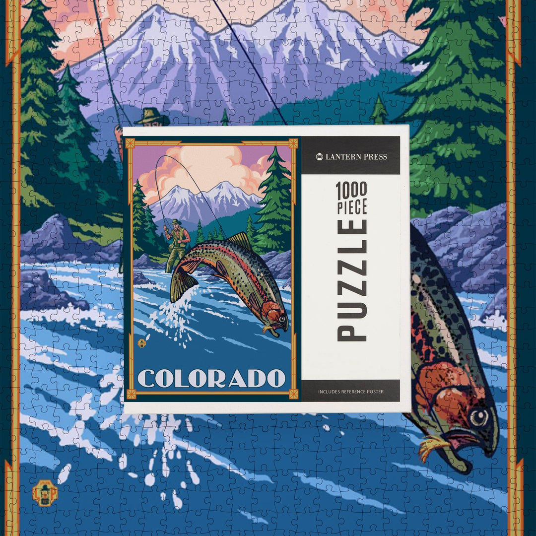 Colorado, Angler Fly Fishing Scene (Leaping Trout), Jigsaw Puzzle Puzzle Lantern Press 