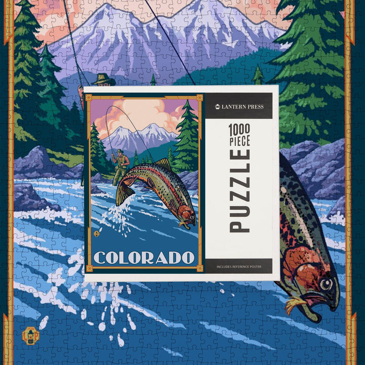 Colorado, Angler Fly Fishing Scene (Leaping Trout), Jigsaw Puzzle Puzzle Lantern Press 