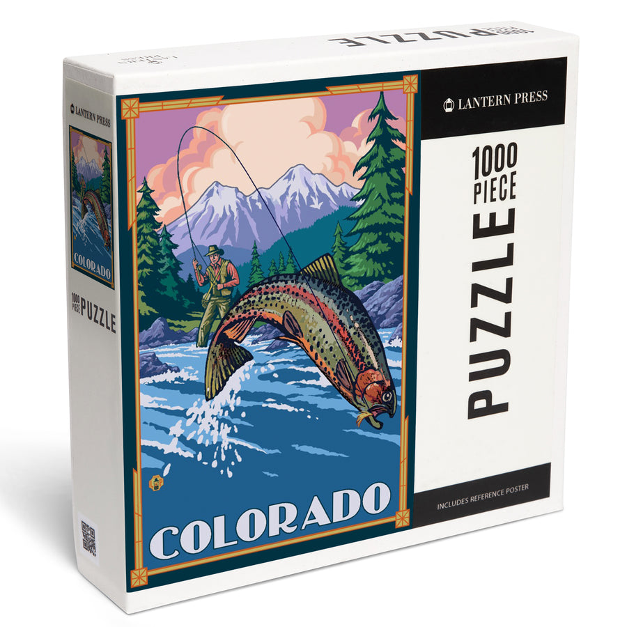 Colorado, Angler Fly Fishing Scene (Leaping Trout), Jigsaw Puzzle Puzzle Lantern Press 