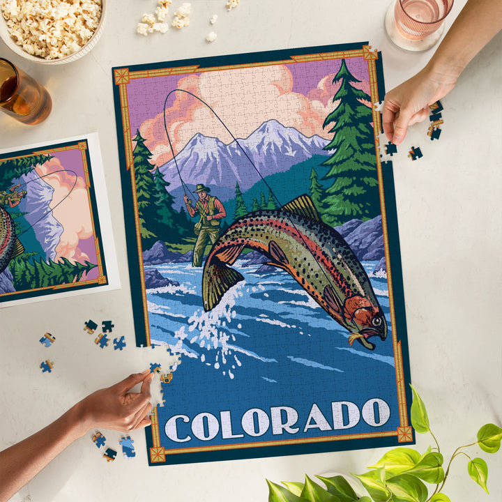 Colorado, Angler Fly Fishing Scene (Leaping Trout), Jigsaw Puzzle Puzzle Lantern Press 