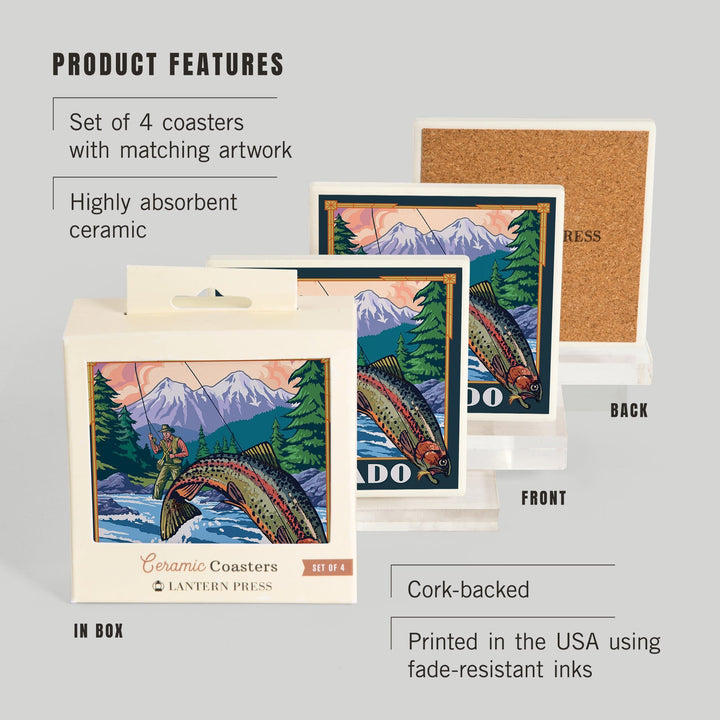 Colorado, Angler Fly Fishing Scene (Leaping Trout), Lantern Press Artwork, Coaster Set - Lantern Press