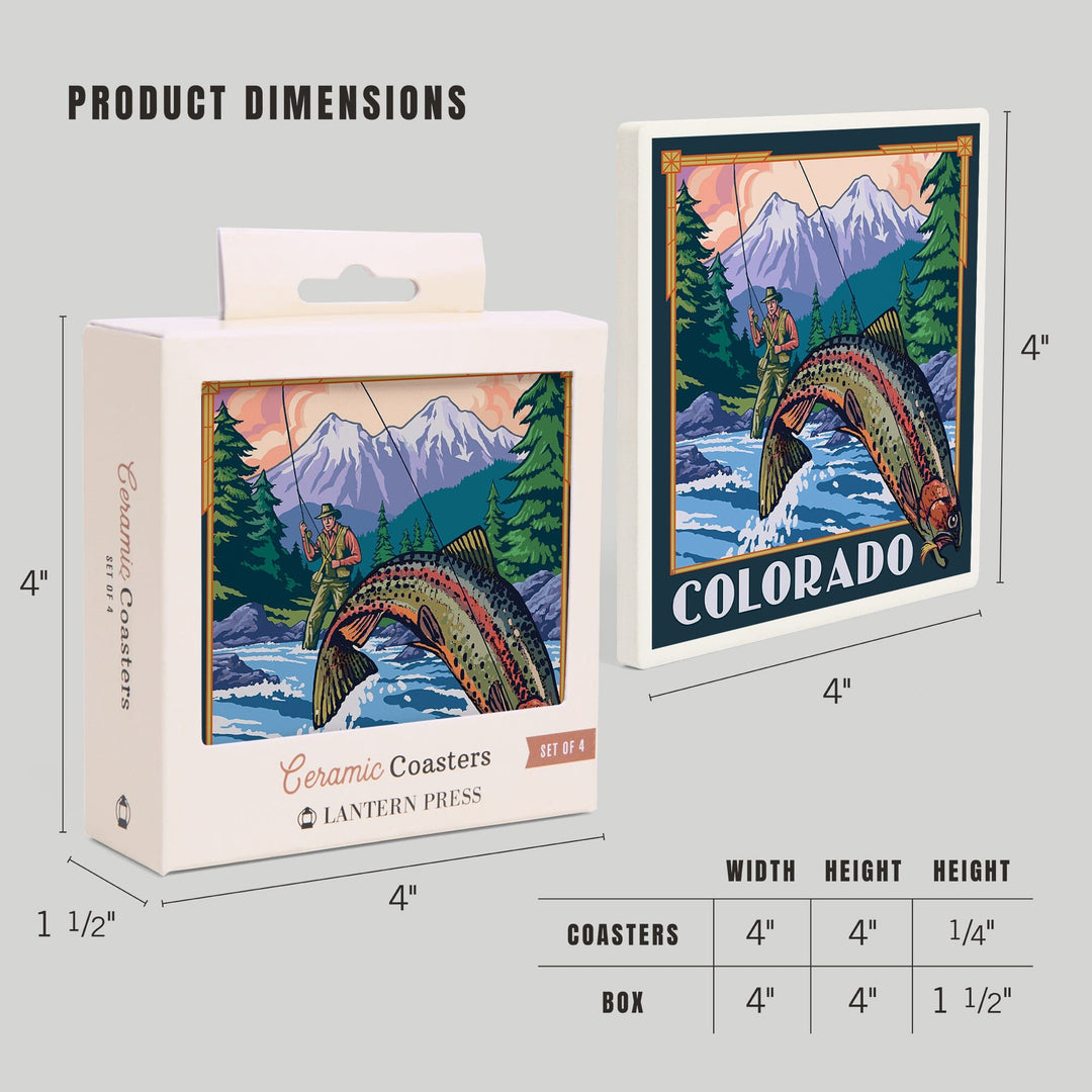 Colorado, Angler Fly Fishing Scene (Leaping Trout), Lantern Press Artwork, Coaster Set - Lantern Press