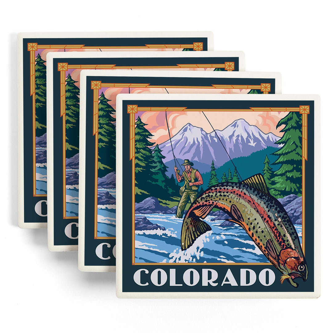 Colorado, Angler Fly Fishing Scene (Leaping Trout), Lantern Press Artwork, Coaster Set - Lantern Press