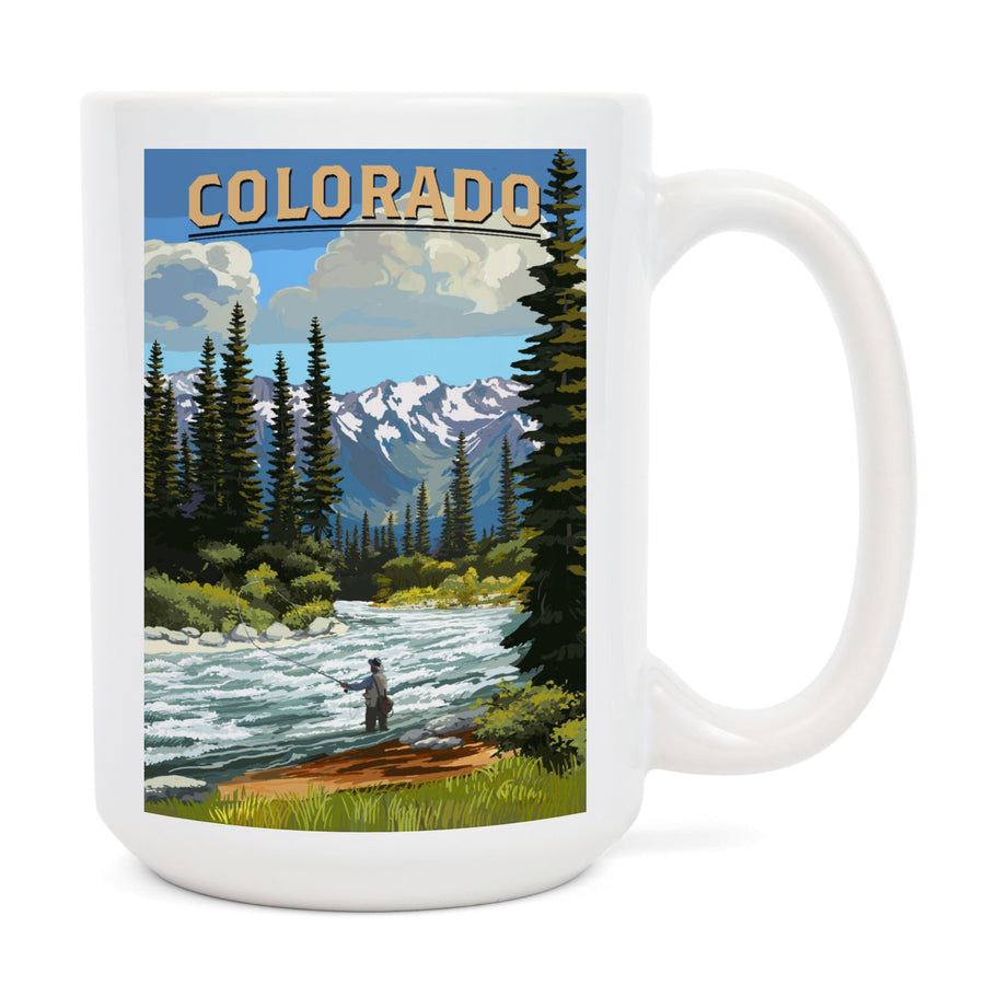 Colorado, Angler & River Rapids, Lantern Press Artwork, Ceramic Mug Mugs Lantern Press 