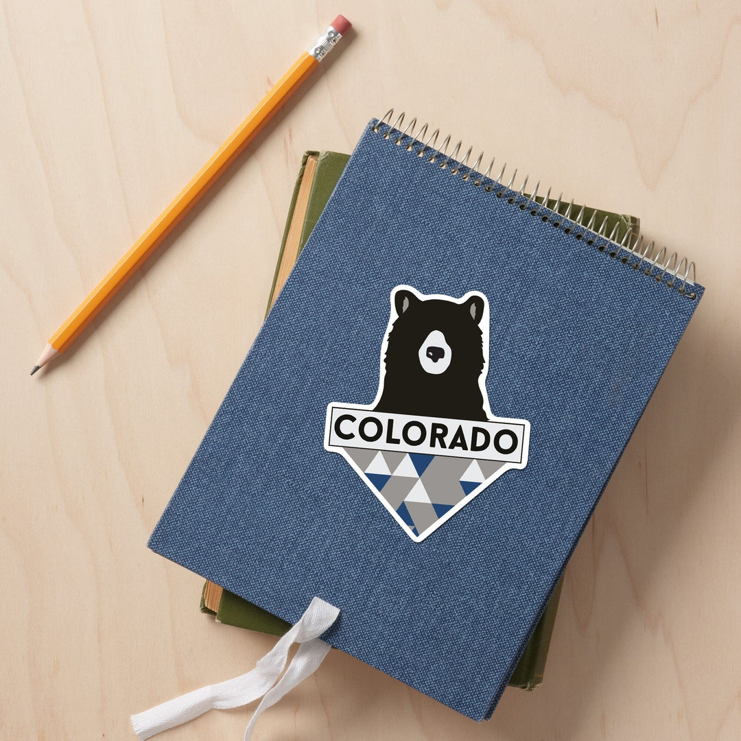 Colorado, Bear & Triangles, Blue, Contour, Lantern Press Artwork, Vinyl Sticker - Lantern Press