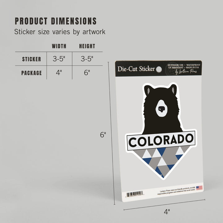 Colorado, Bear & Triangles, Blue, Contour, Lantern Press Artwork, Vinyl Sticker - Lantern Press