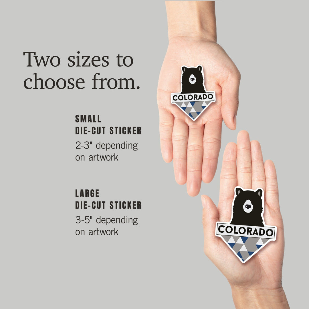 Colorado, Bear & Triangles, Blue, Contour, Lantern Press Artwork, Vinyl Sticker - Lantern Press