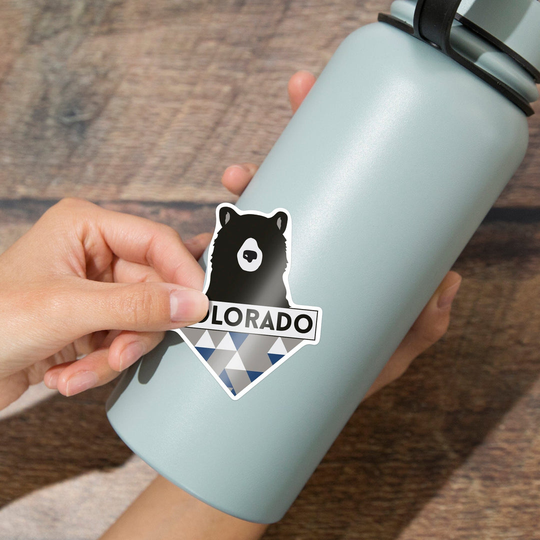 Colorado, Bear & Triangles, Blue, Contour, Lantern Press Artwork, Vinyl Sticker - Lantern Press