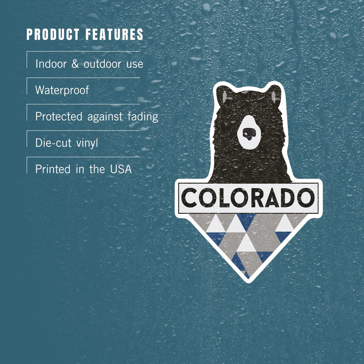 Colorado, Bear & Triangles, Blue, Contour, Lantern Press Artwork, Vinyl Sticker - Lantern Press