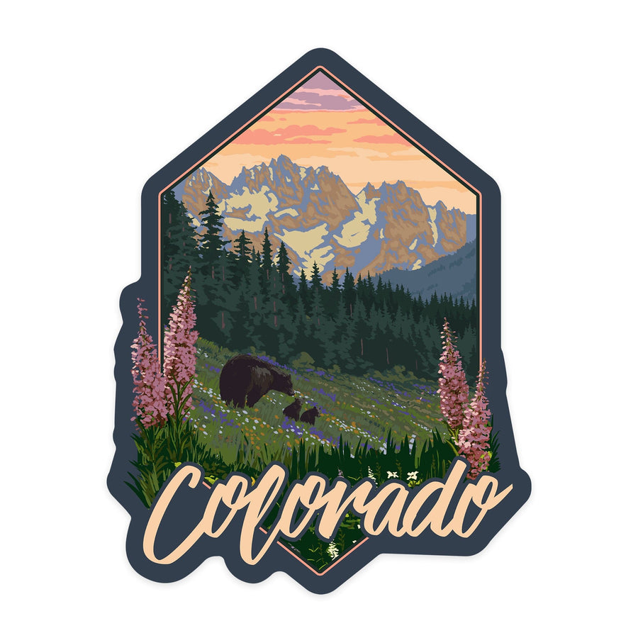 Colorado, Bears & Spring Flowers, Contour, Lantern Press Artwork, Vinyl Sticker Sticker Lantern Press 