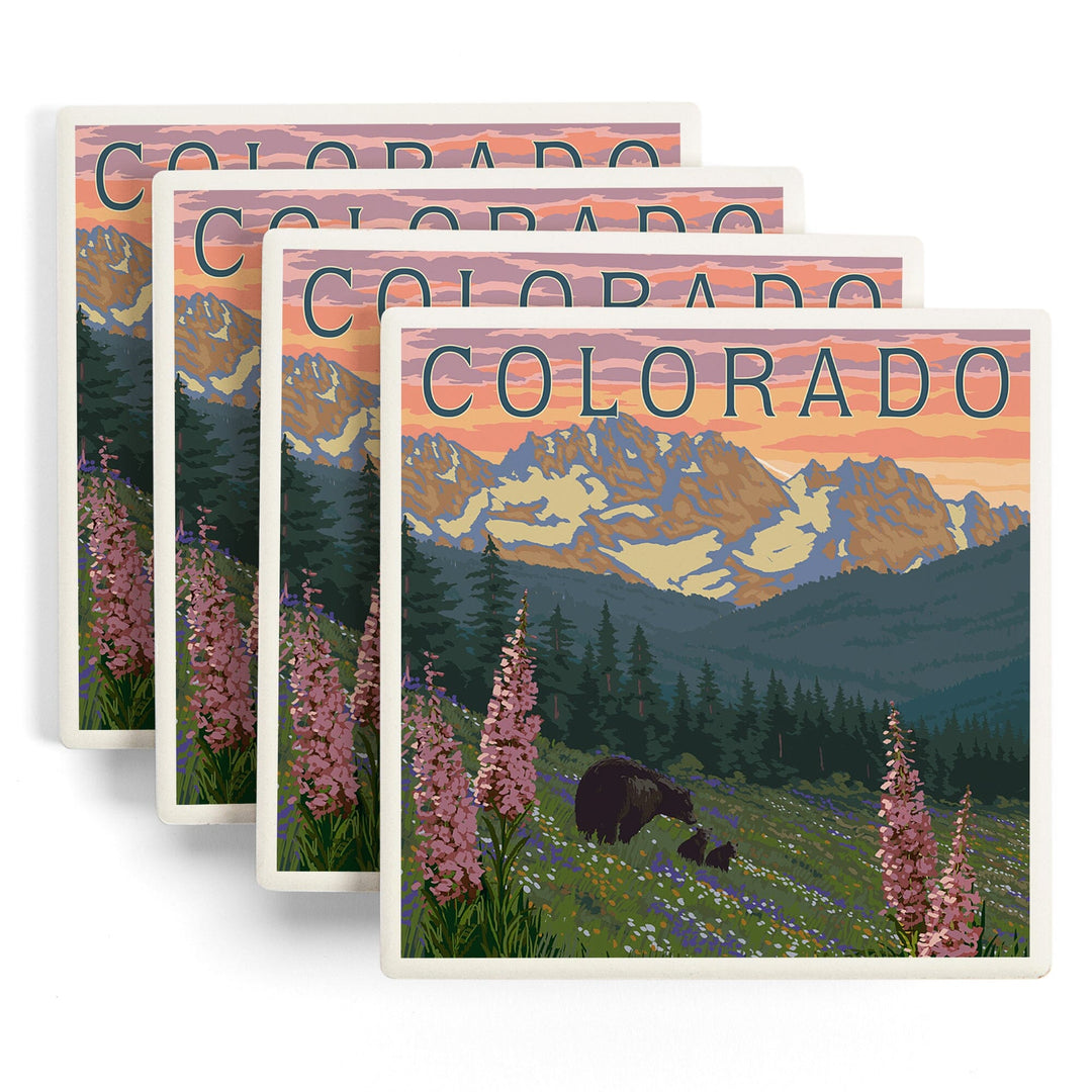 Colorado, Bears & Spring Flowers, Lantern Press Artwork, Coaster Set - Lantern Press