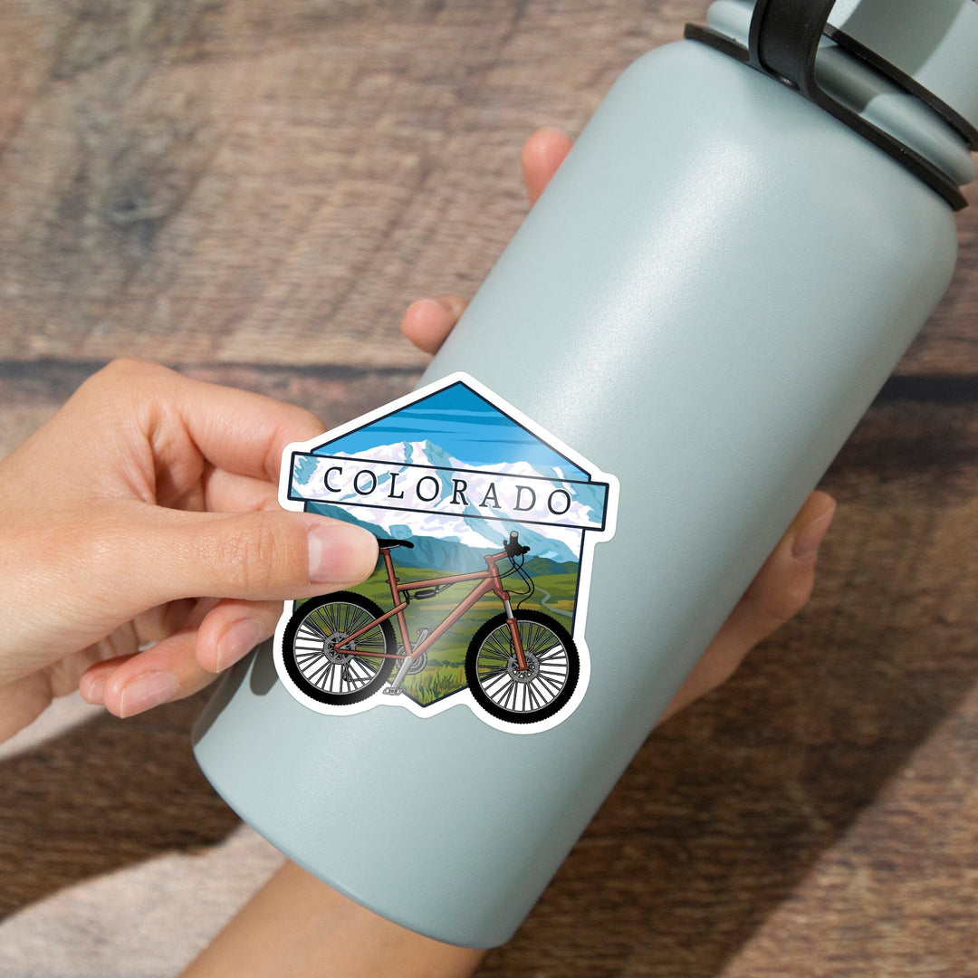 Colorado, Bike & Mountain Scene, Contour, Lantern Press Artwork, Vinyl Sticker - Lantern Press