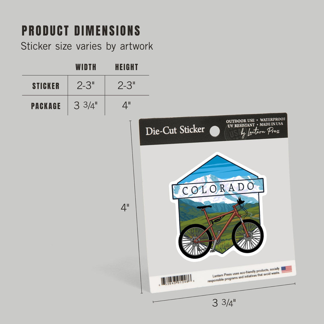 Colorado, Bike & Mountain Scene, Contour, Lantern Press Artwork, Vinyl Sticker - Lantern Press