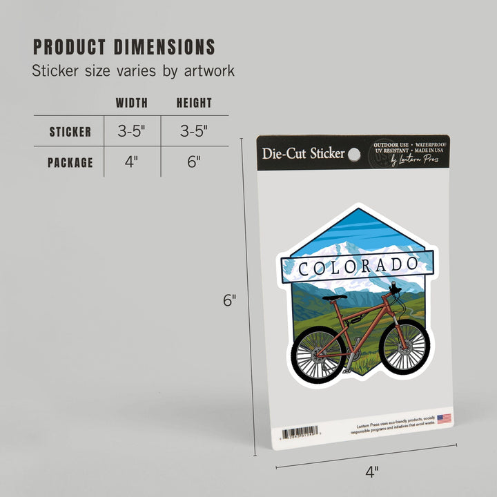 Colorado, Bike & Mountain Scene, Contour, Lantern Press Artwork, Vinyl Sticker - Lantern Press