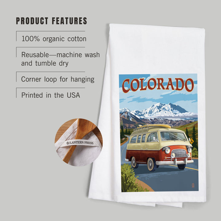 Colorado, Camper Van Mountain Drive, Organic Cotton Kitchen Tea Towels - Lantern Press