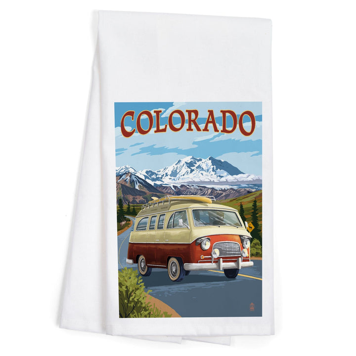 Colorado, Camper Van Mountain Drive, Organic Cotton Kitchen Tea Towels - Lantern Press