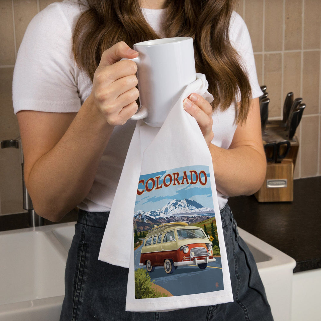 Colorado, Camper Van Mountain Drive, Organic Cotton Kitchen Tea Towels - Lantern Press