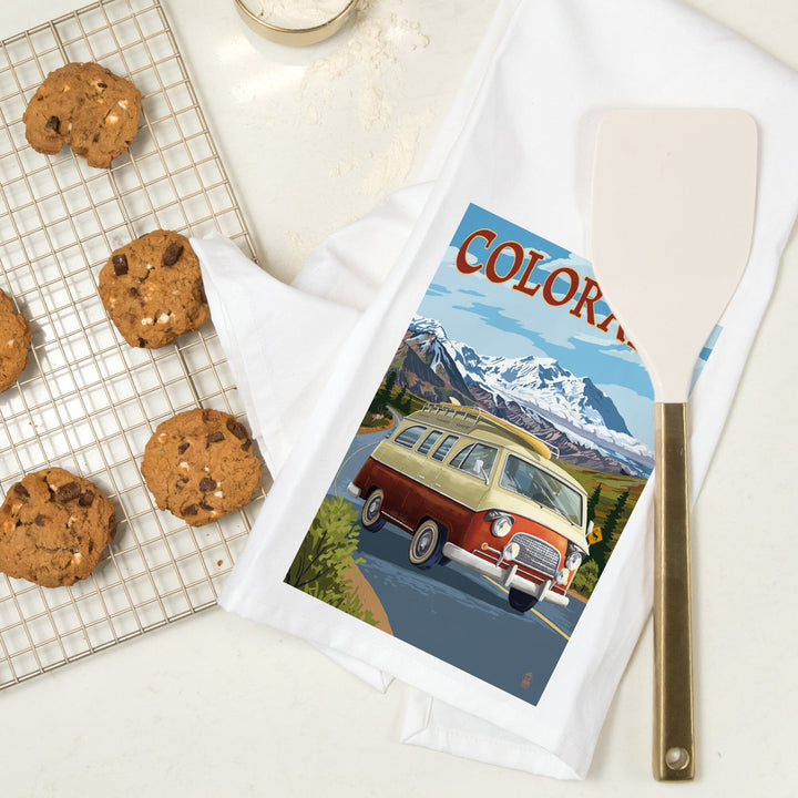 Colorado, Camper Van Mountain Drive, Organic Cotton Kitchen Tea Towels - Lantern Press