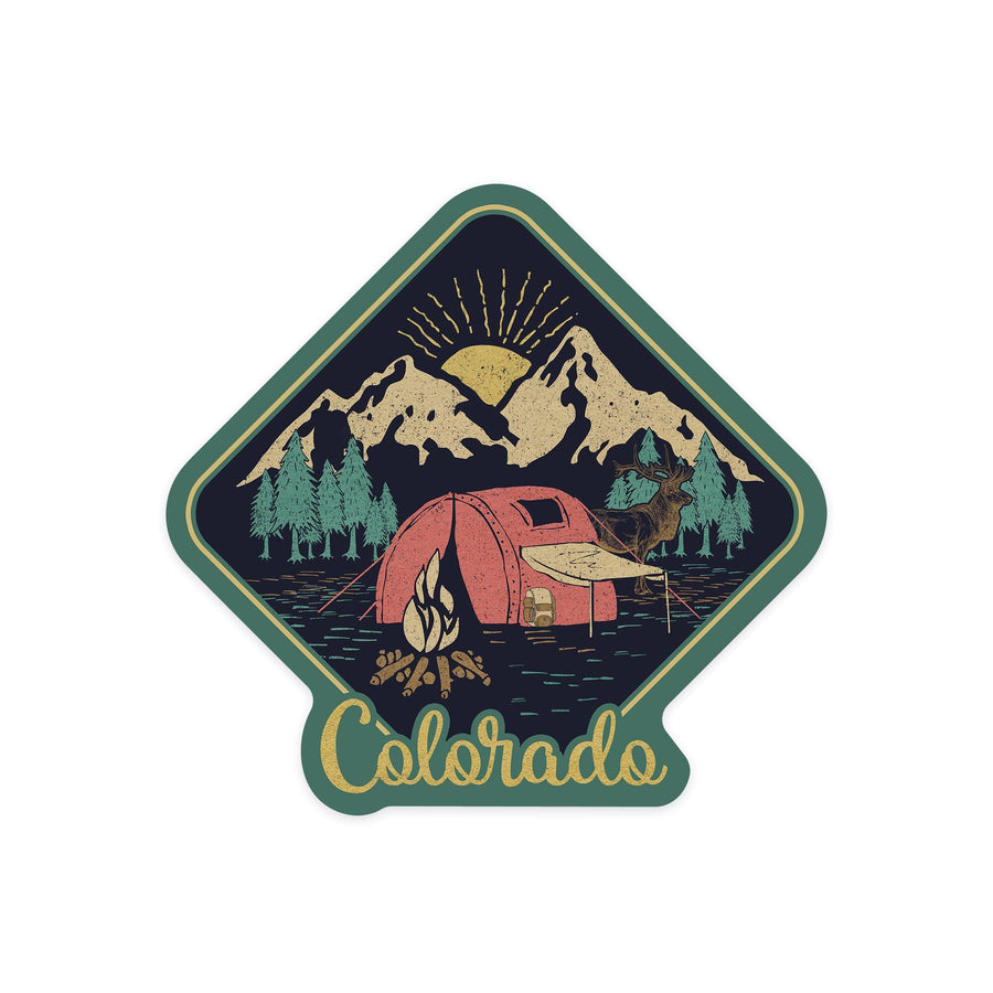 Colorado, Camping Scene & Elk, Contour, Lantern Press Artwork, Vinyl Sticker - Lantern Press