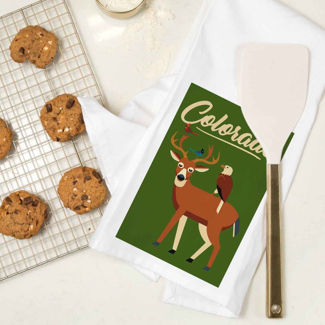 Colorado, Deer and Birds, Geometric, Contour, Organic Cotton Kitchen Tea Towels Kitchen Lantern Press 