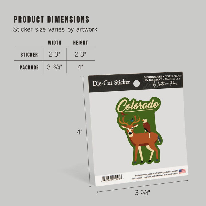 Colorado, Deer & Birds, Geometric, Contour, Lantern Press Artwork, Vinyl Sticker Sticker Lantern Press 