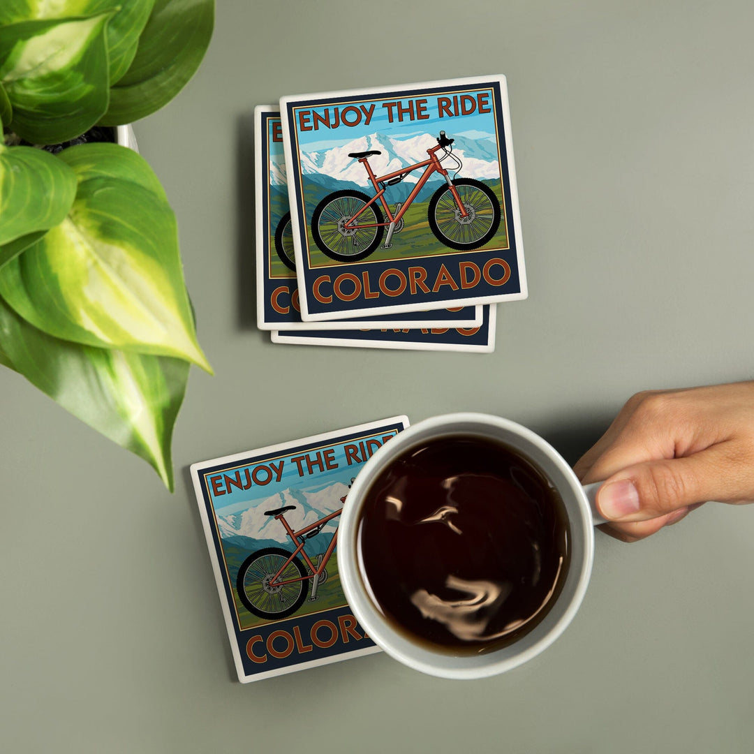 Colorado, Enjoy the Ride, Mountain Bike, Lantern Press Artwork, Coaster Set - Lantern Press