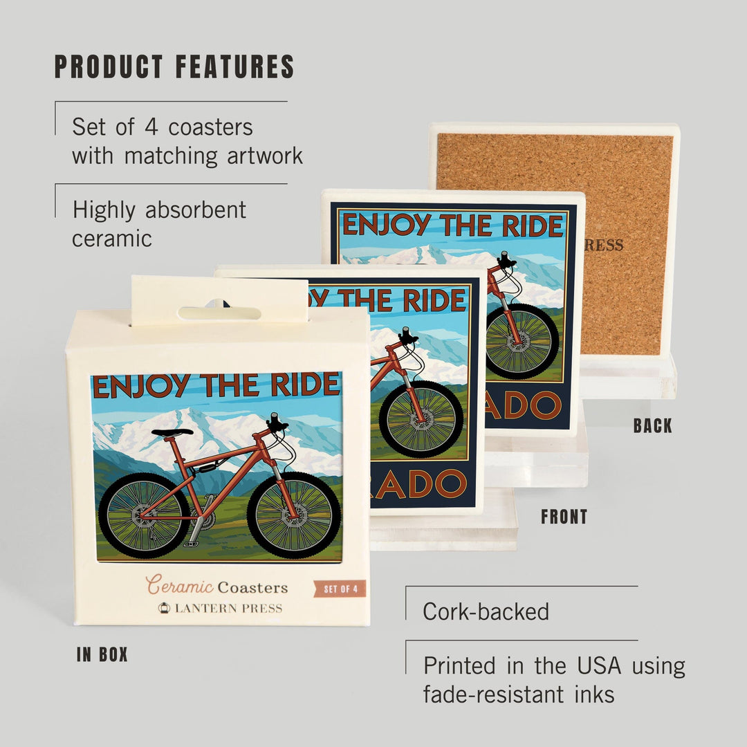 Colorado, Enjoy the Ride, Mountain Bike, Lantern Press Artwork, Coaster Set - Lantern Press