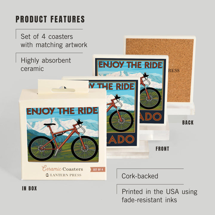 Colorado, Enjoy the Ride, Mountain Bike, Lantern Press Artwork, Coaster Set - Lantern Press