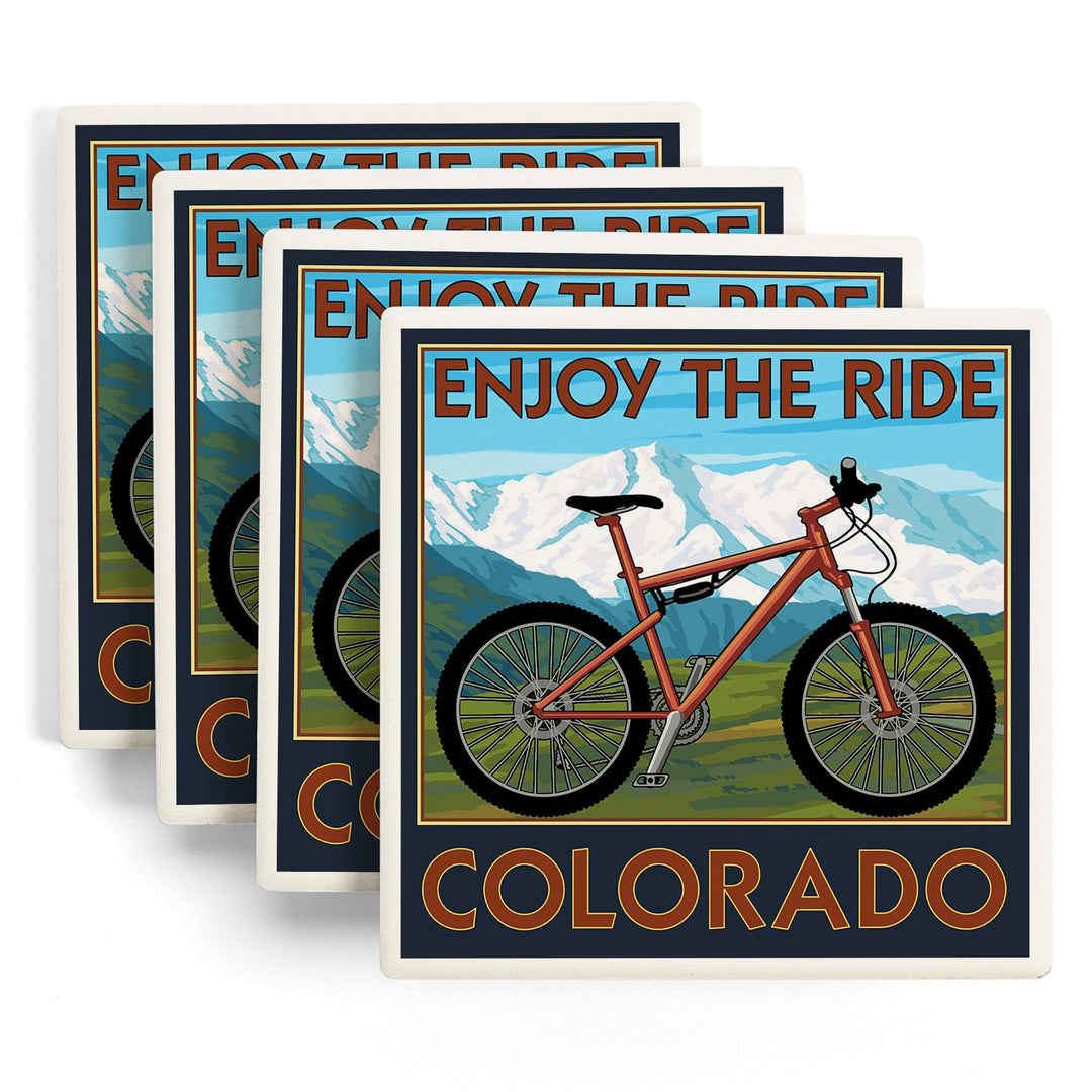 Colorado, Enjoy the Ride, Mountain Bike, Lantern Press Artwork, Coaster Set - Lantern Press