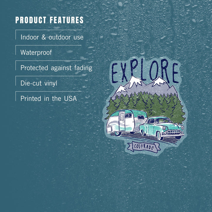 Colorado, Explore, Vintage Trailer, Line Drawing, Contour, Vinyl Sticker - Lantern Press