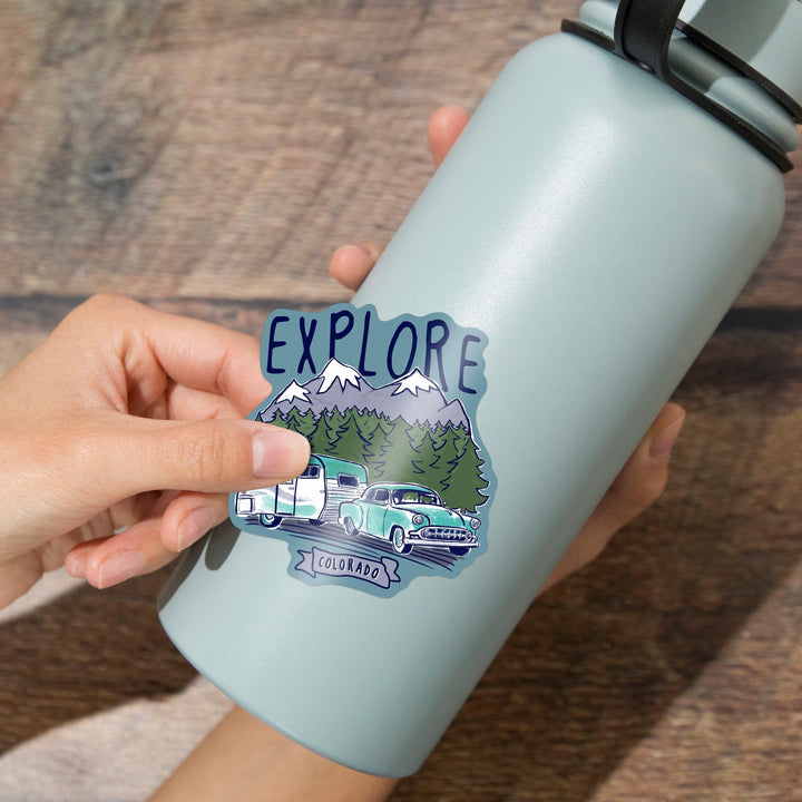 Colorado, Explore, Vintage Trailer, Line Drawing, Contour, Vinyl Sticker - Lantern Press