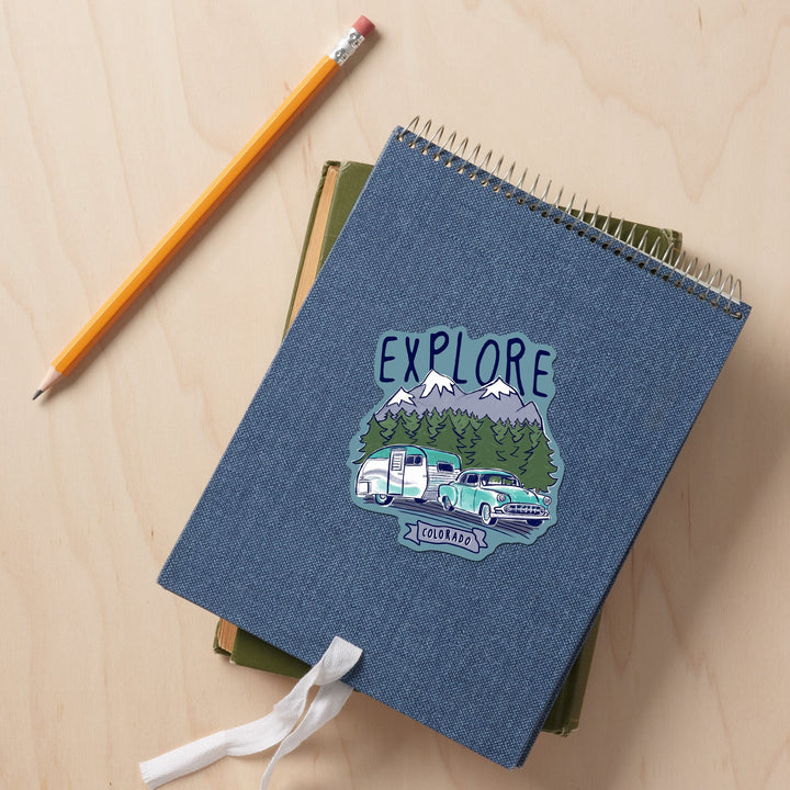 Colorado, Explore, Vintage Trailer, Line Drawing, Contour, Vinyl Sticker - Lantern Press