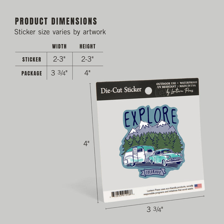 Colorado, Explore, Vintage Trailer, Line Drawing, Contour, Vinyl Sticker - Lantern Press