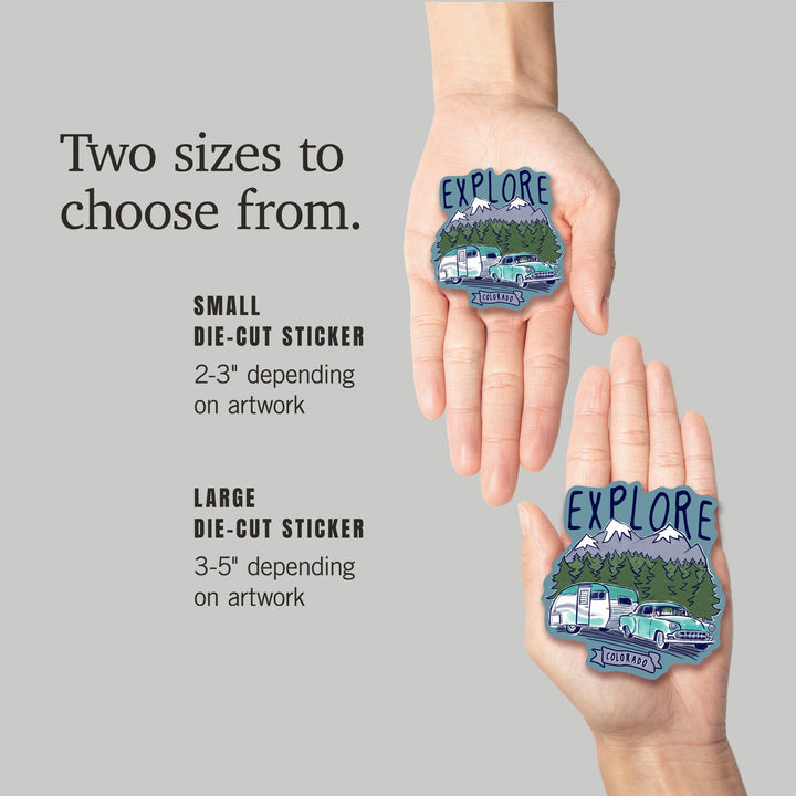 Colorado, Explore, Vintage Trailer, Line Drawing, Contour, Vinyl Sticker - Lantern Press
