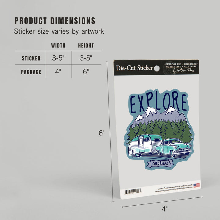 Colorado, Explore, Vintage Trailer, Line Drawing, Contour, Vinyl Sticker - Lantern Press
