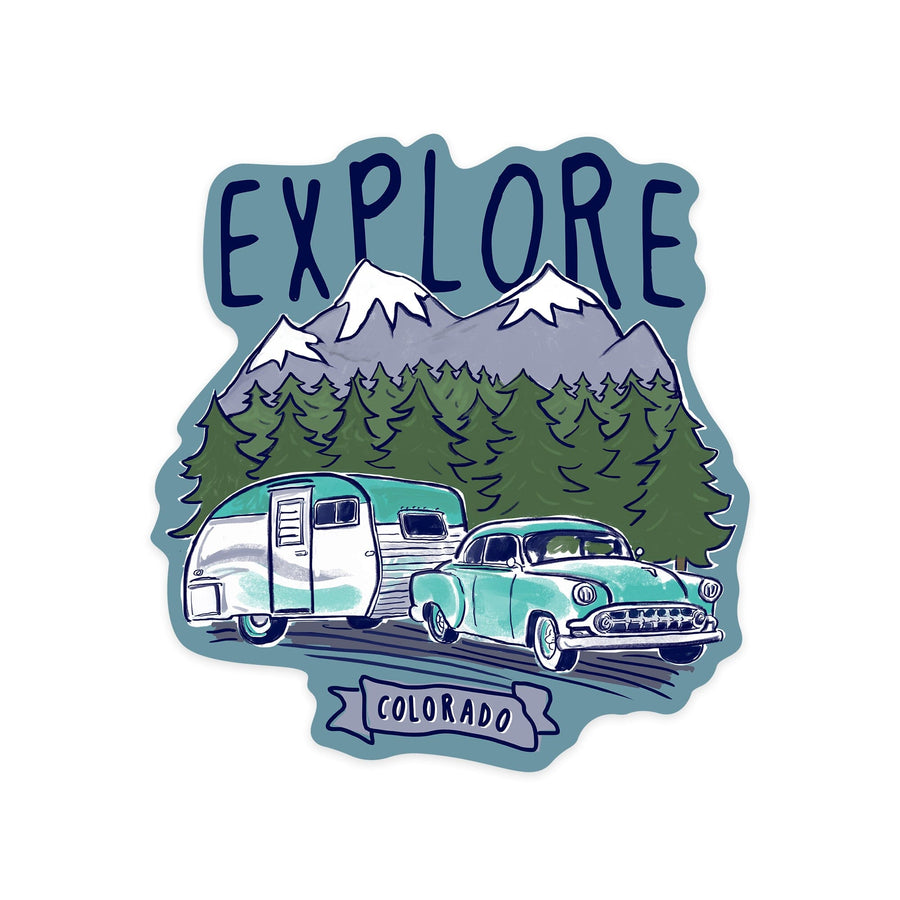 Colorado, Explore, Vintage Trailer, Line Drawing, Contour, Vinyl Sticker - Lantern Press