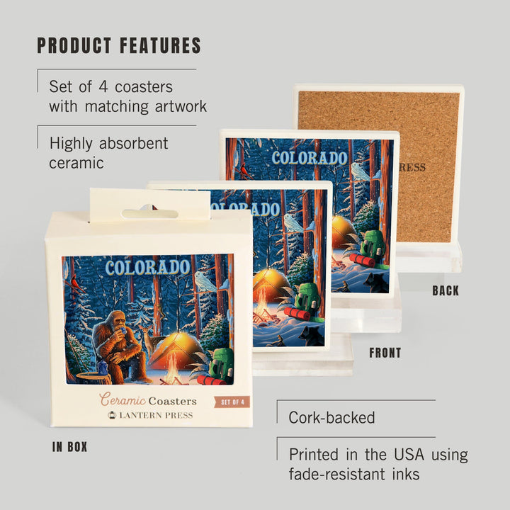 Colorado, Find Your Inner Squatch, Camping Bigfoot, Coasters Coasters Lantern Press 