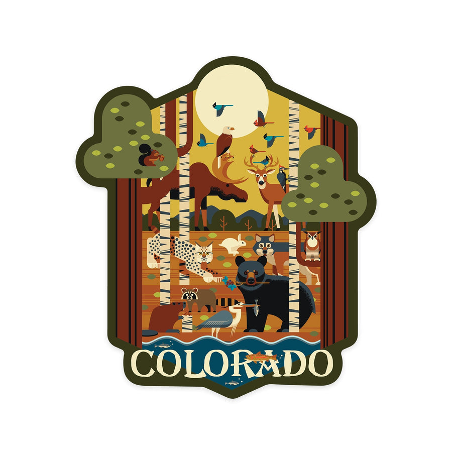 Colorado, Forest Animals, Geometric, Contour, Lantern Press Artwork, Vinyl Sticker - Lantern Press
