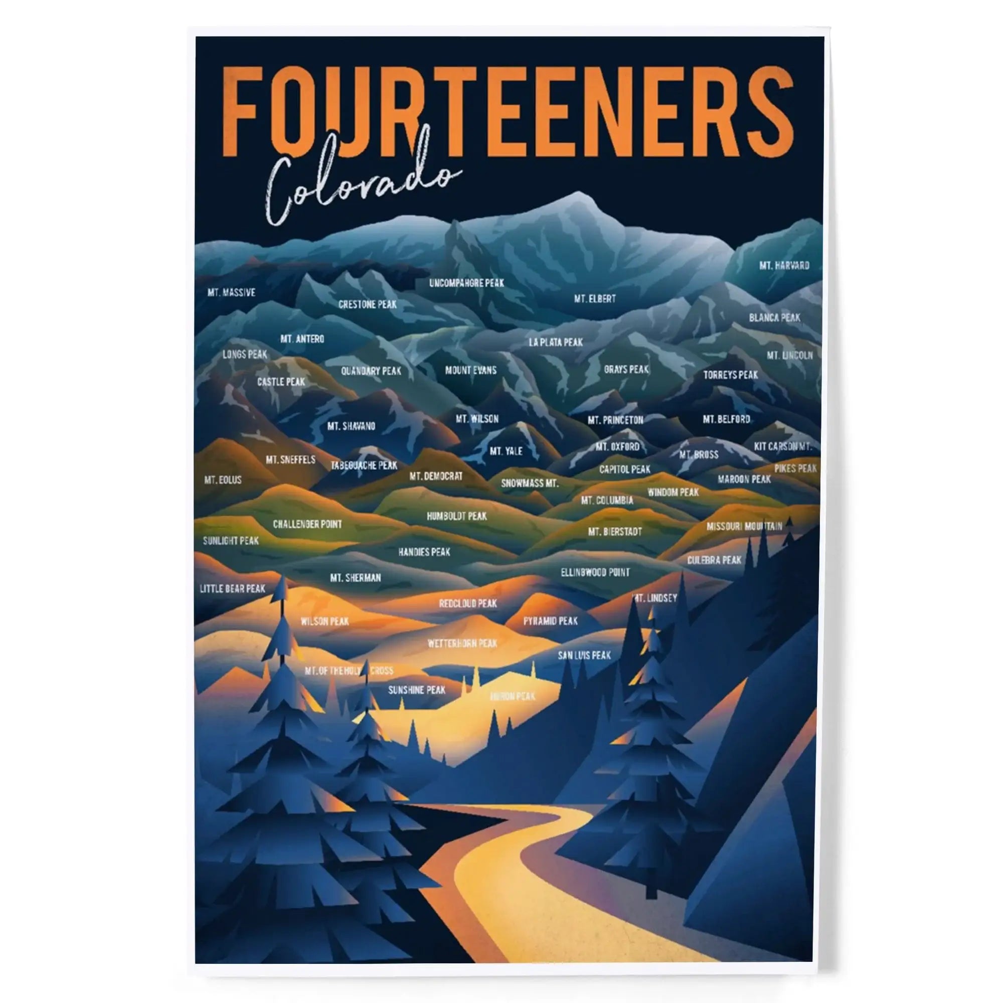 Colorado, Fourteeners, Mountain Range and Names art prints, metal