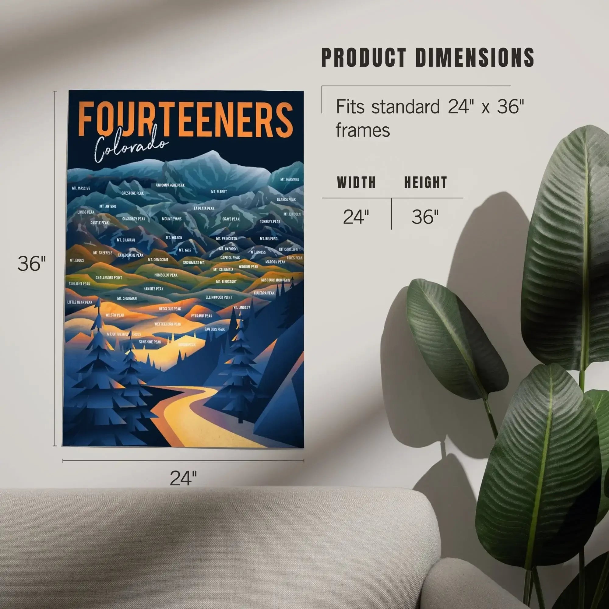 Colorado, Fourteeners, Mountain Range and Names art prints, metal