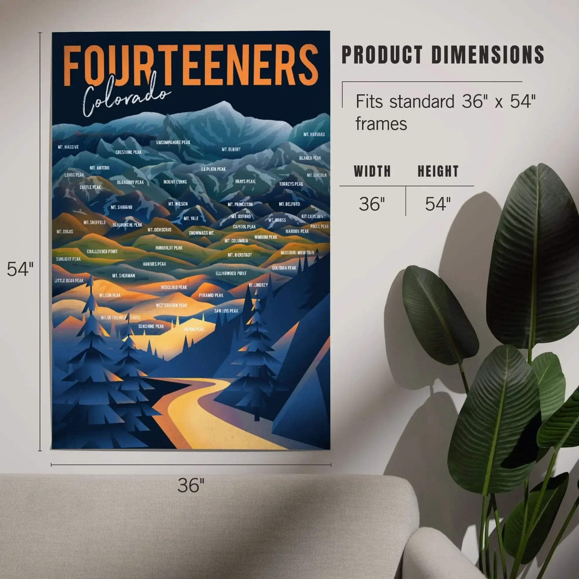 Colorado, Fourteeners, Mountain Range and Names art prints, metal