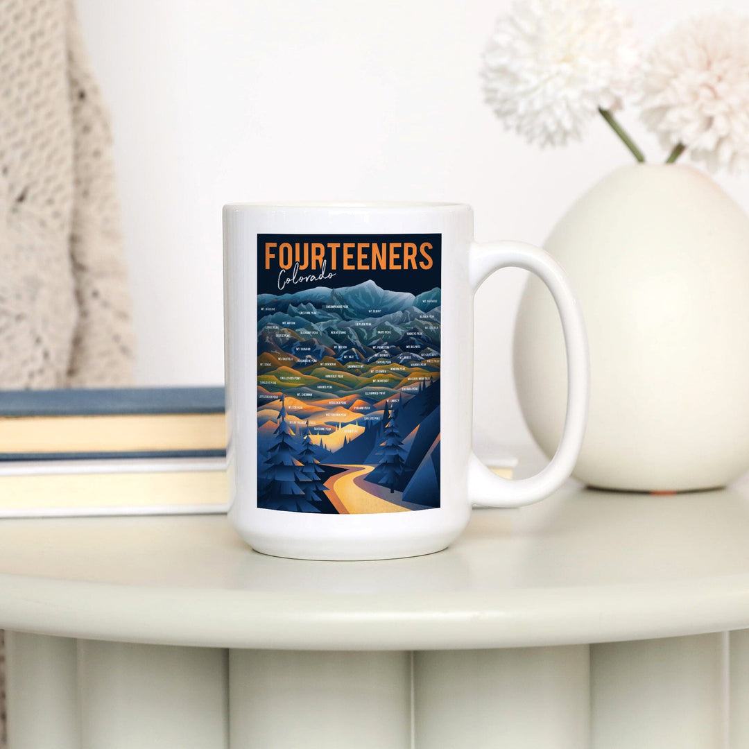 Colorado, Fourteeners, Mountain Range & Names, Lantern Press Artwork, Ceramic Mug Mugs Lantern Press 