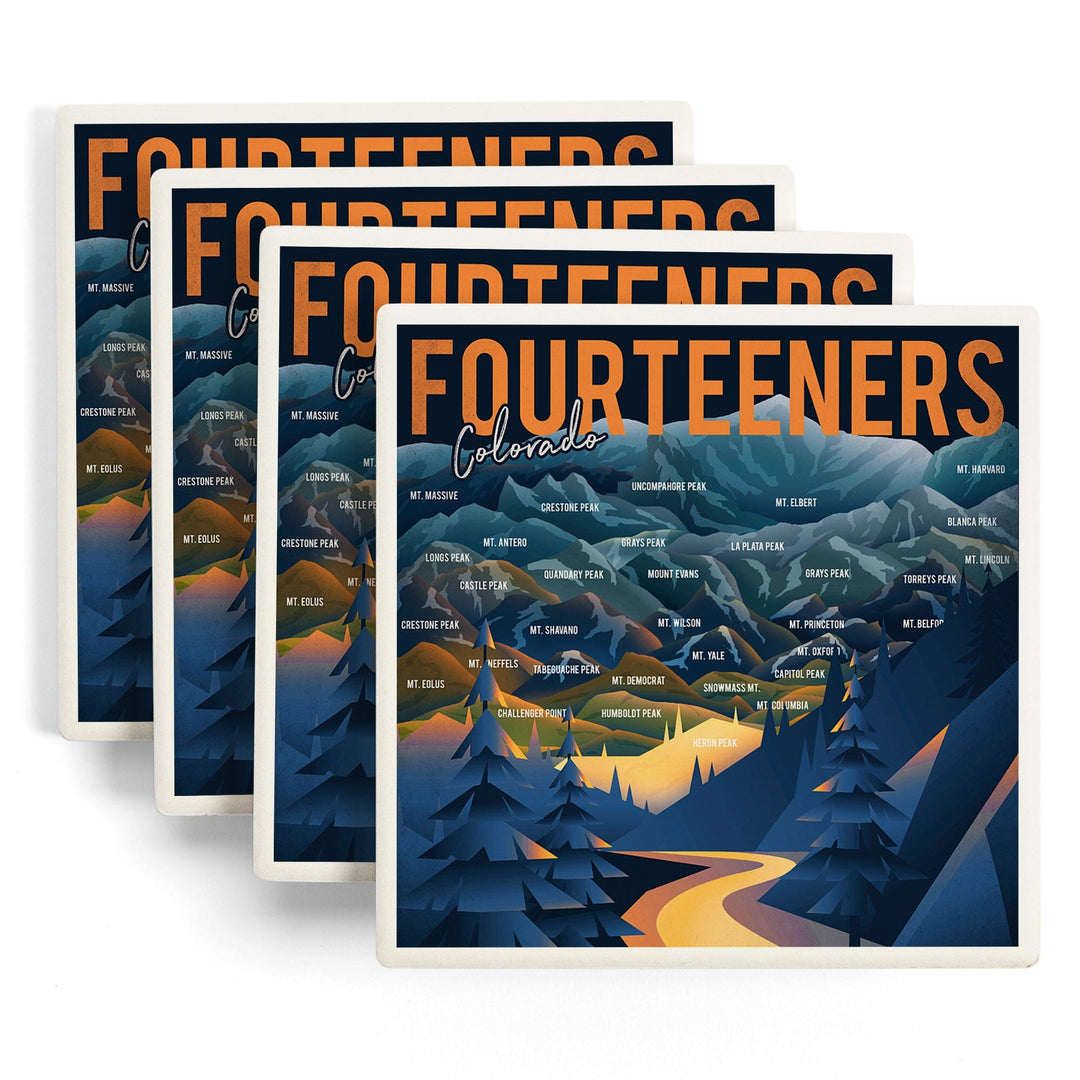 Colorado, Fourteeners, Mountain Range & Names, Lantern Press Artwork, Coaster Set - Lantern Press