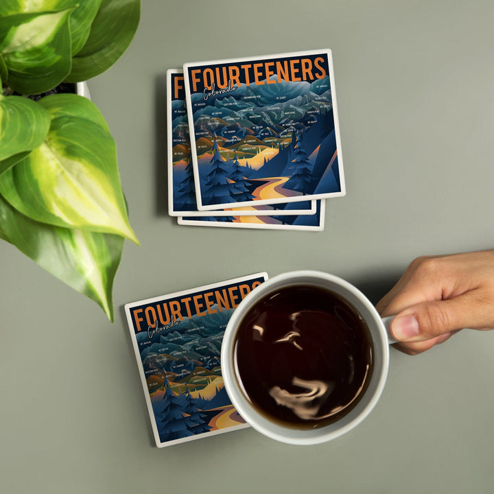 Colorado, Fourteeners, Mountain Range & Names, Lantern Press Artwork, Coaster Set - Lantern Press