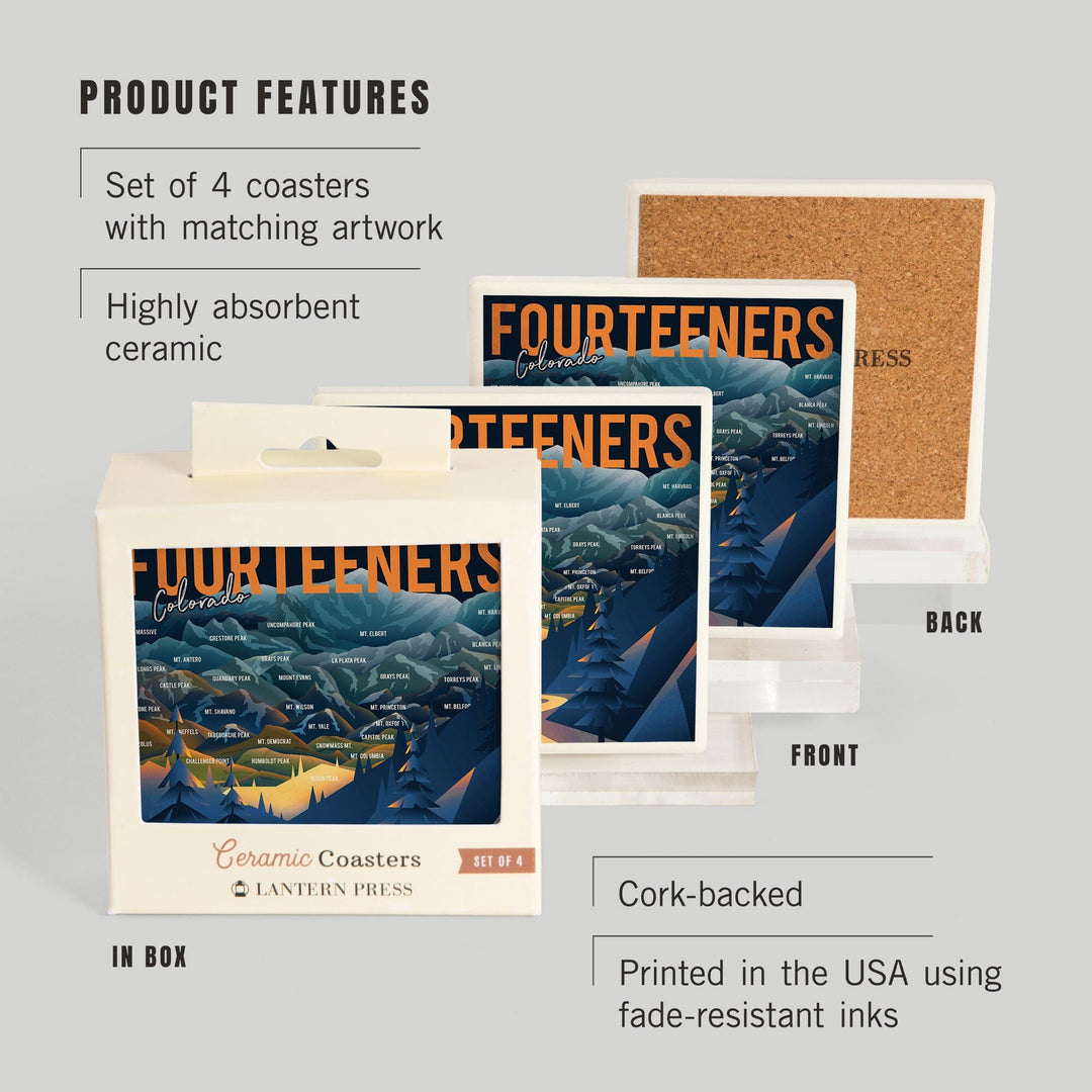 Colorado, Fourteeners, Mountain Range & Names, Lantern Press Artwork, Coaster Set - Lantern Press