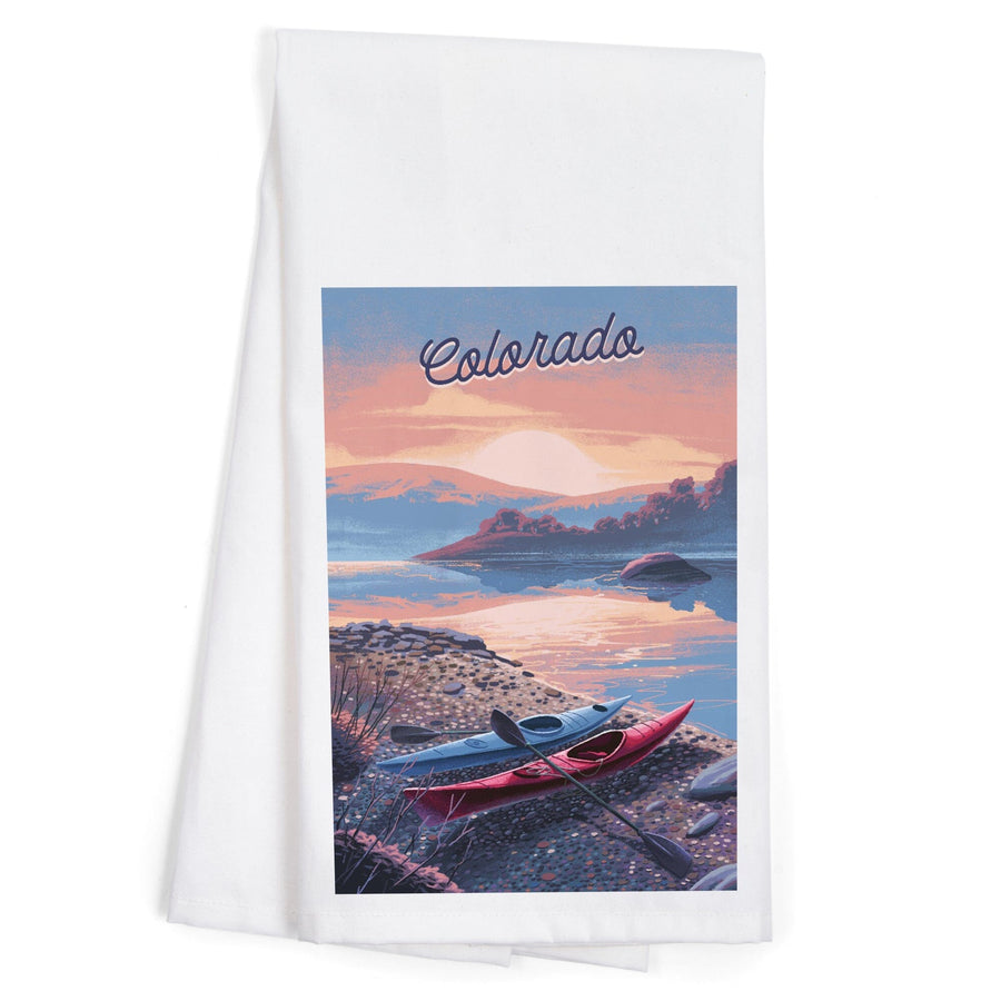 Colorado, Glassy Sunrise, Kayak, Organic Cotton Kitchen Tea Towels Kitchen Lantern Press 