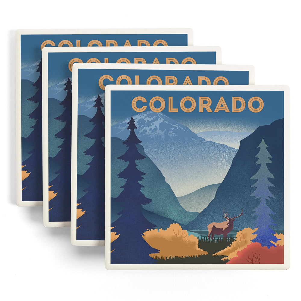 Colorado, Lithograph, Elk and Mountains Scene, Coasters Coasters Lantern Press 